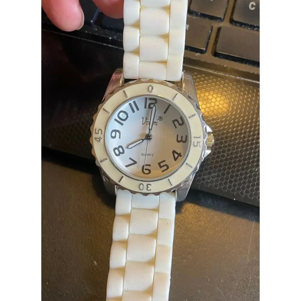 Women's Silver Tone Vivani Watch, Ivory Tone Bezel, White Poly Band